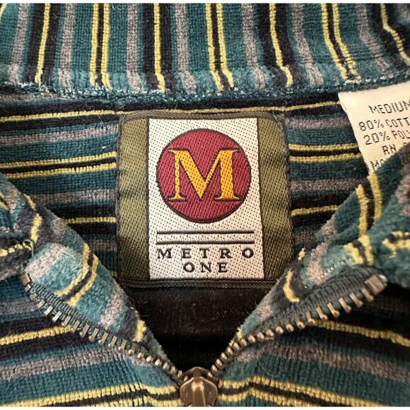Vintage Metro One Green Blue Stripe Velour Quarter Zip Size Medium - Picture 7 of 10